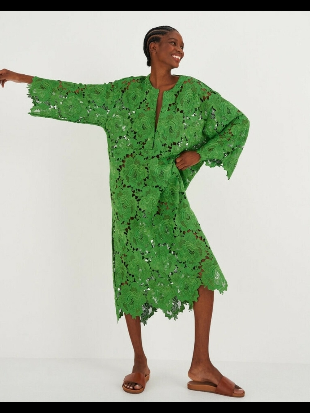Oroton Bright Green Floral Lace Midi Dress